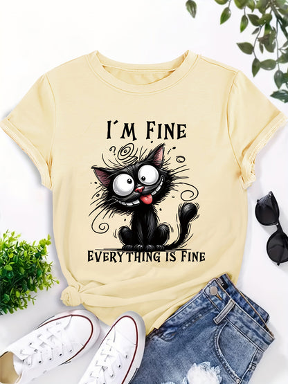 [ 70% off Special Offer]Women'S Short Sleeve T-Shirt, Fun Cat Design "I'm Fine, I'm Fine, Everything'S Fine" Cat Lover Gift Pattern Print, Elegant Sweet Cute Vacation Commuting T-Shirt, Party T-Shirt, Home Essential T-Shirt