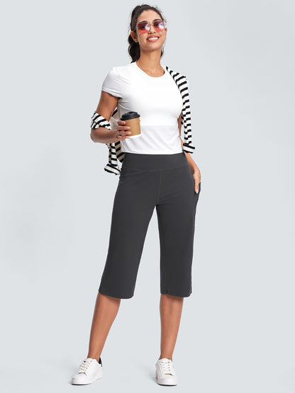 18-Inch Capri Trousers for Women Featuring a High Waist, Pockets, Tummy Control, And a Loose Straight Leg Design Suitable for Workouts And
