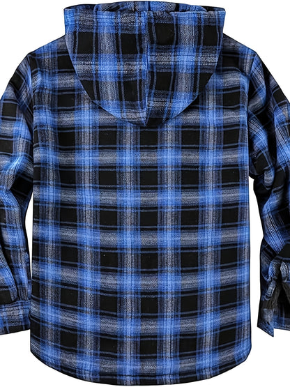 Men's Heavyweight Sweater Hooded Jacket - Full Zip Thick Snow Mountain Lined Flannel Plaid Shirt with Pockets, Casual Style, Perfect for Autumn and Winter, Hooded Collar, Regular Fit, Plaid Pattern, Men's Jacket