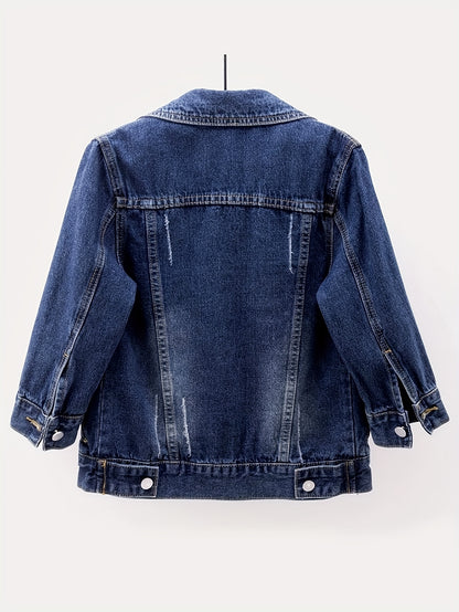 Ladies' Short Denim Jacket with a Slim Fit, Featuring 3/4 Sleeves And a Distressed Look