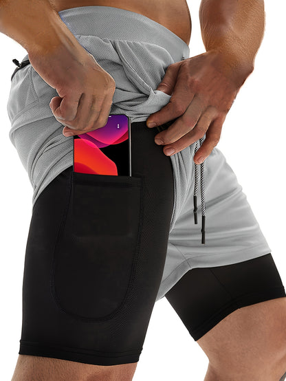 2-Piece Set Mens Running Shorts, 2-in-1 Shorts, Workout Running Shorts For Men, 7-Inch Gym Yoga Outdoor Sports Shorts