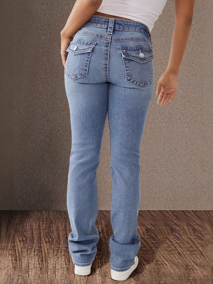 2025 New Double Button Women'S Slim-Fit Temperament Mid-Rise Straight Jeans