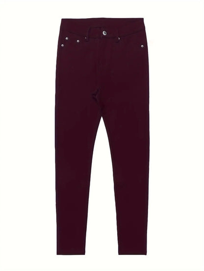 Women's High-Waisted Stretchy Street Style Solid Black Slim-Fit Jeans with Metal Button Details