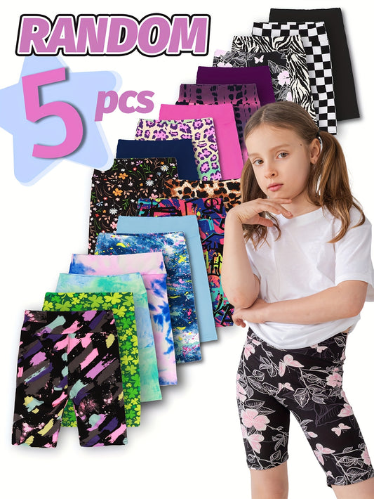[5pcs High-Waist Shorts] Random 5pcs Set of High-Waist Bermuda Shorts Combination for Spring And Summer Girls, Super Elastic And Soft Leopard Print Tie-Dye Printed Solid Color Combination Leggings Cycling Shorts, for Outdoor
