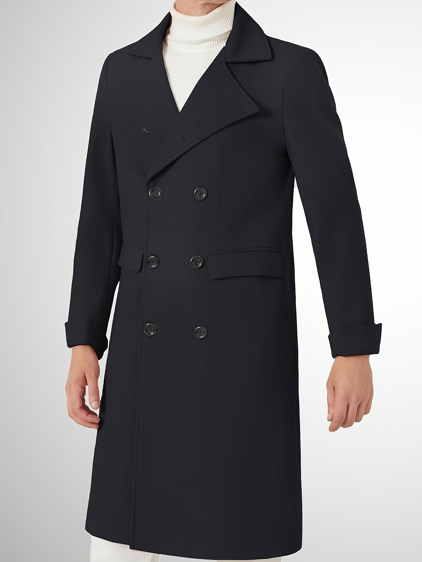Men's Notch Lapel Long Trench Coat - Casual Insulated Winter Peacoat Classic Double Breasted Overcoat Solid Winter Coat -  Wool Blend - For Men - Suitable for Winter - Perfect Gift for Men