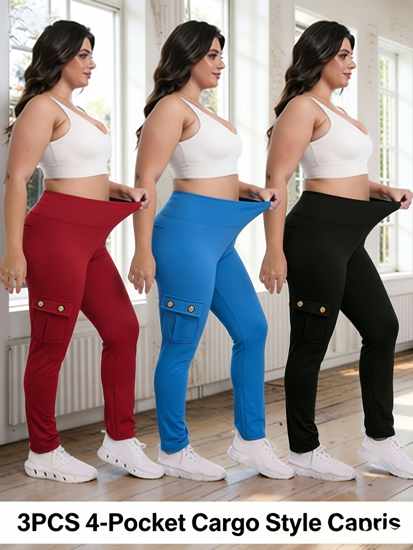 3-Pack High Waisted Cargo Yoga Pants With Slide Pockets - Tummy Control, 4 Pockets, Breathable 4-Way Stretch, Moisture Wicking, Perfect For Running, Gym & Yoga Lovers