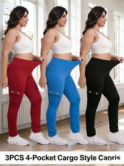 3-Pack High Waisted Cargo Yoga Pants With Slide Pockets - Tummy Control, 4 Pockets, Breathable 4-Way Stretch, Moisture Wicking, Perfect For Running, Gym & Yoga Lovers