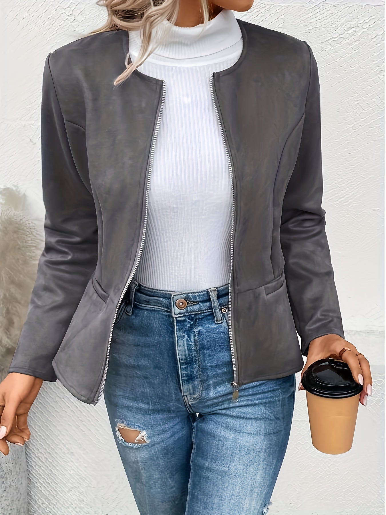 Today's Special! Women's Zip Up Casual Jacket - Slim Fit, Round Neck, Long Sleeve Coat, Trendy, Versatile for All Seasons, Multiple Colors (Black Friday Preview)