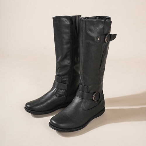 Women's Wide Calf Knee High Boots, Fashion Faux Fur-Lined Pointed Toe Side Zipper With Buckle Winter Boots Suitable for party, dance, shopping, walk, office. Perfect gift for friends, wife, sister, daughter.