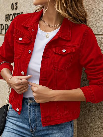 Women'S Autumn Lapel Pocket Single Breasted Cropped Denim Jacket Button Casual Stretch Slim Fit Long Sleeve Jacket