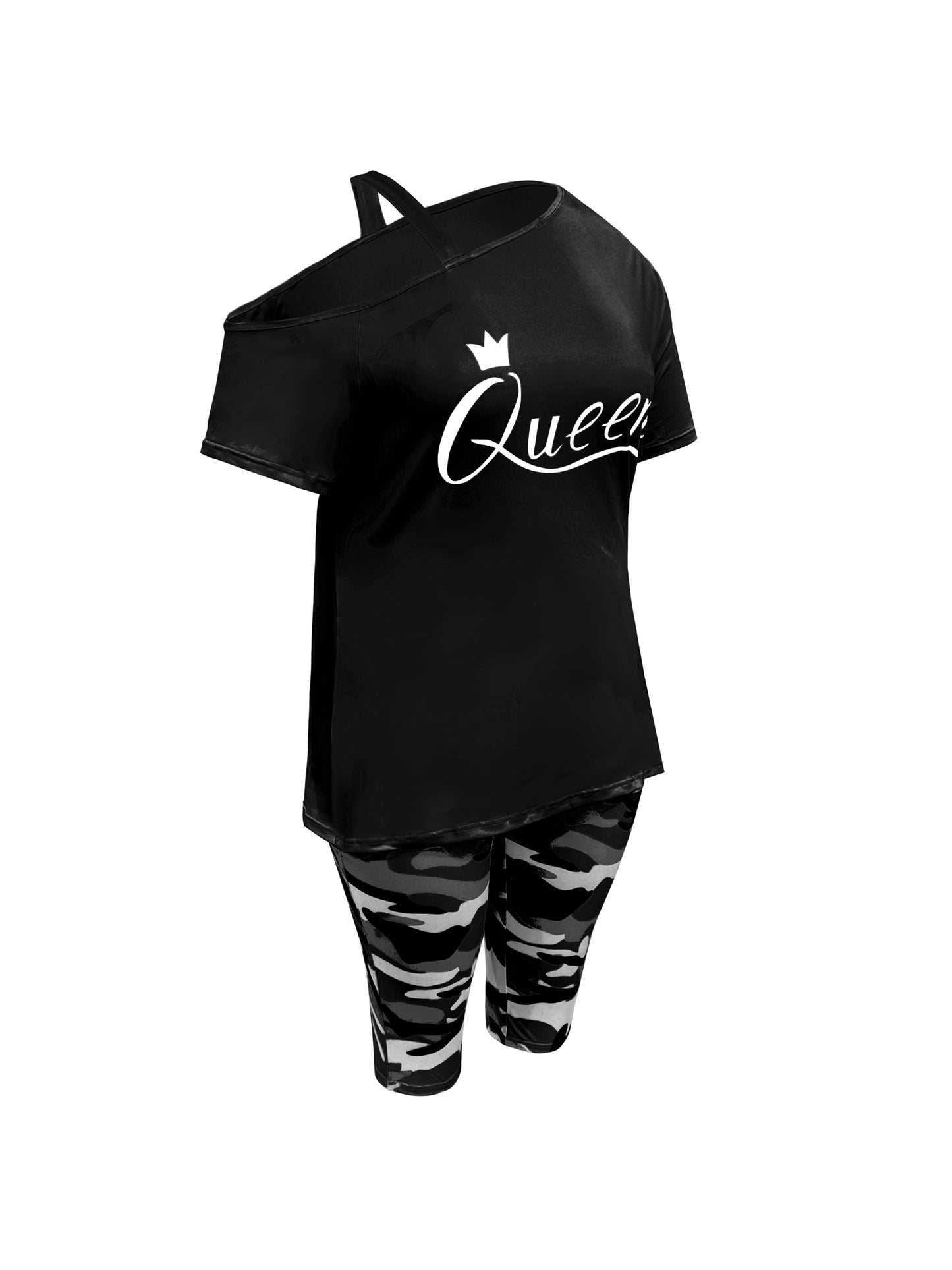 Plus Size - Ladies Plus Size Daily Casual One-Shoulder Short Sleeve Two-Piece Outfit, Diagonal Shoulder Design, Slim Fit Camouflage Pants Suit With Letter Print.