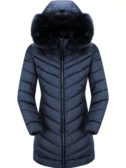 Zip-up Faux Trim Hoodie Puffy Coat, Casual Thermal Long Sleeve Coat for Fall & Winter, Women's Clothing