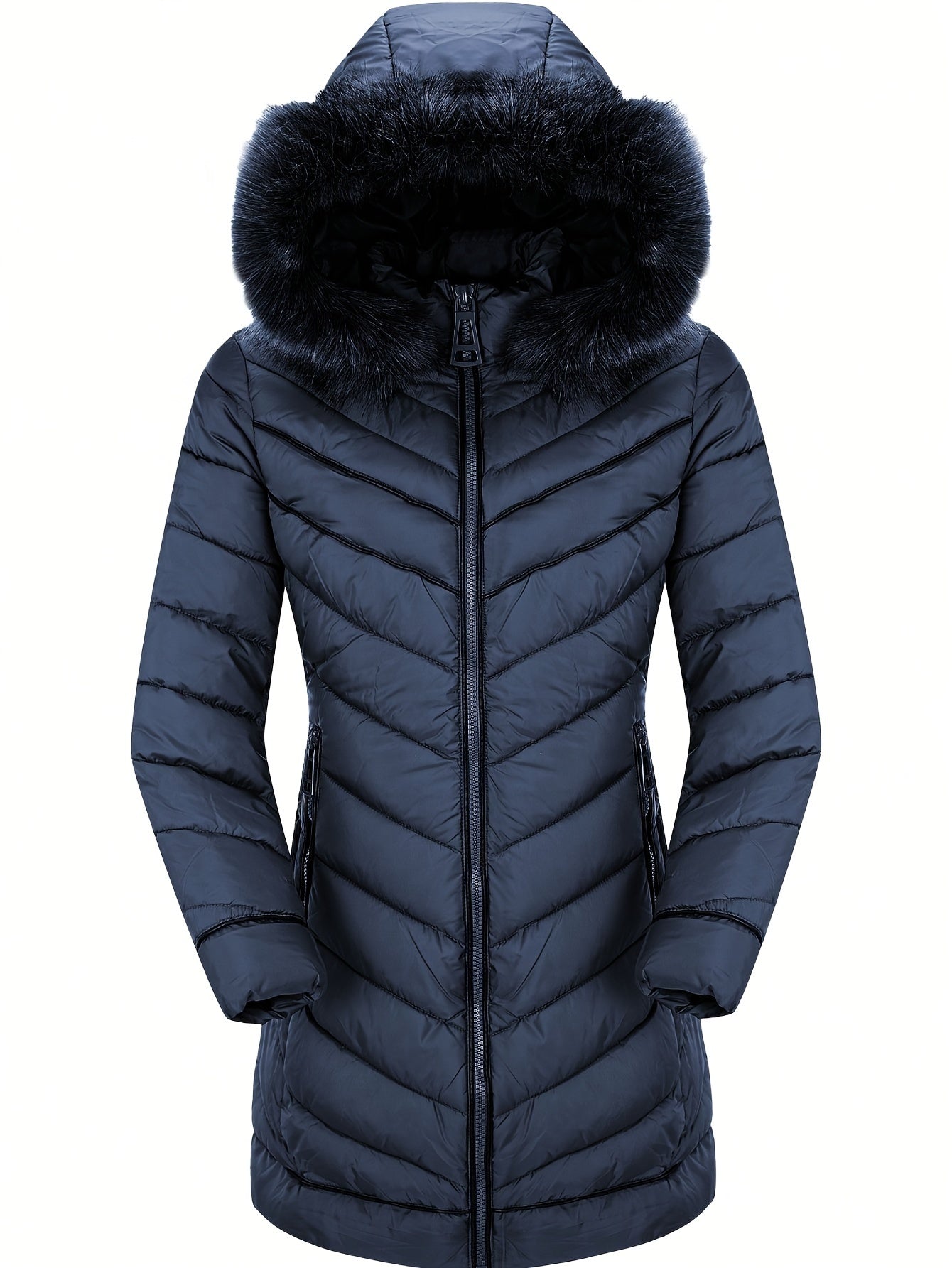 Zip-up Faux Trim Hoodie Puffy Coat, Casual Thermal Long Sleeve Coat for Fall & Winter, Women's Clothing