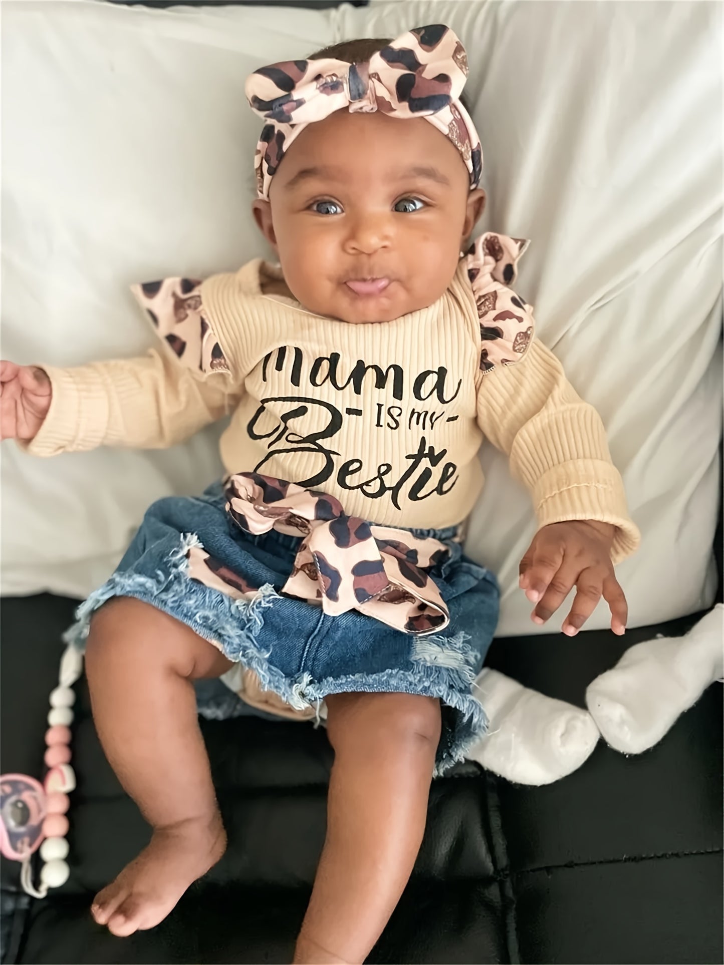 Kukitty 4pcs Set for Baby Girls Featuring Long Sleeve Bodysuit with Letter Design And Ripped Leopard Print Denim Skirt, for Outdoor