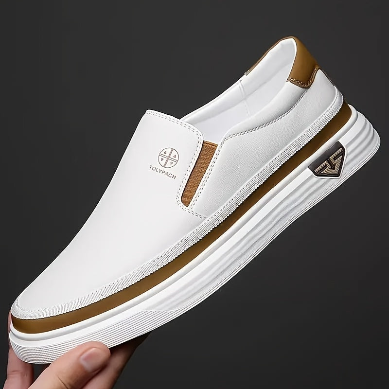Men's White/Brown/Golden Slip-On Loafers with Non-Slip PVC Sole - Soft Synthetic Upper, Round Toe Unisex Casual & s Suitable for Daily Wear, Vacation, Year-Round Use - All-Season Comfortable Loafers