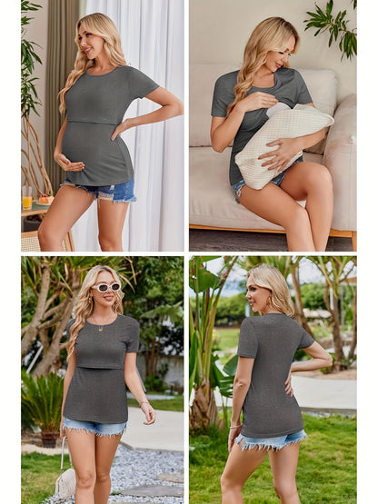 3pcs Womens Nursing Tops Double Layer Breastfeeding Shirts Short Sleeve Maternity Clothes