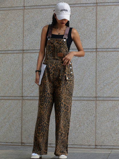 Fashion Multi-pocket Leopard Print Loose Denim Jumpsuit, Retro Old Trend Straight Wide-leg Pants Suitable for All Seasons.
