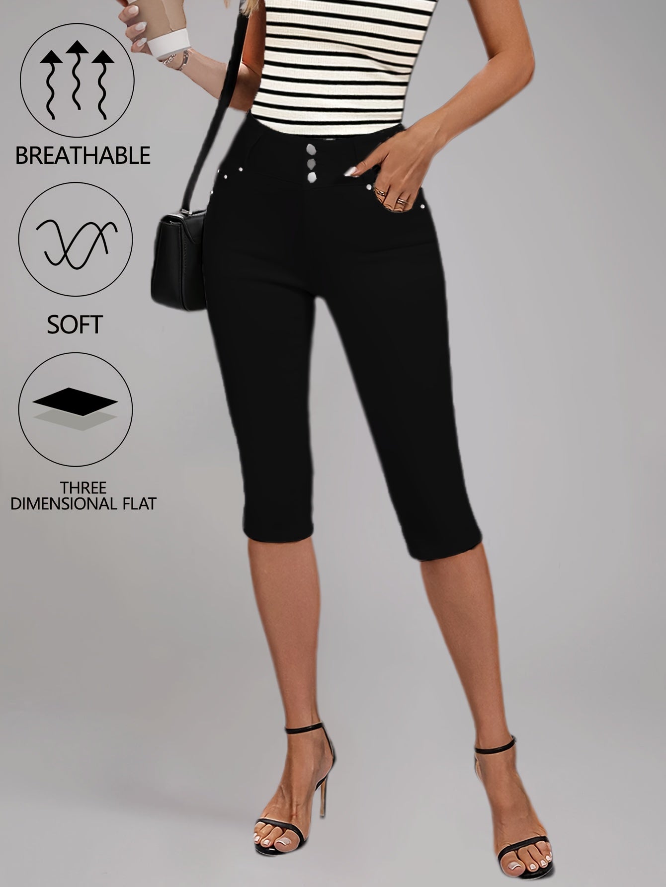 [High-Waisted Stretch Capri] Women's Deep Red High-Waisted Stretch Capri Pants Triple Row Button Fly with Metal Rivet Accents Booty Lifting Design 7/8 Length Cropped Jeans High Elasticity Soft Comfortable Machine Washable Versatile Wardrobe Essential for