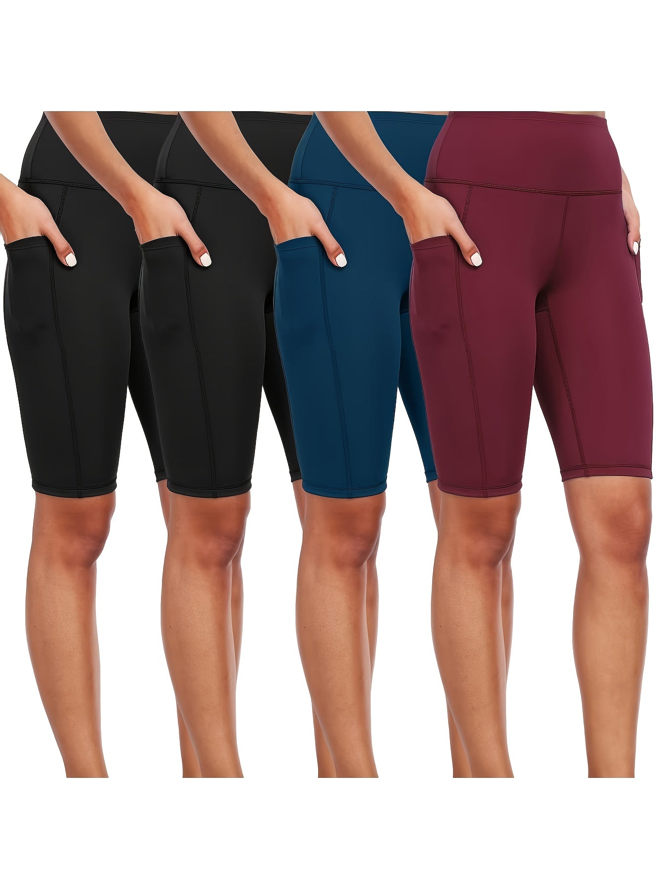 4pcs Women'S High-Waisted Tummy Control Yoga Shorts With Pockets For Running, Cycling, Fitness Breathable Fabric, Navy, Burgundy, Charcoal, Black Activewear, Gym Shorts, Running Gear, Functional Pockets, Thanksgiving Day Christmas Costumes For Women