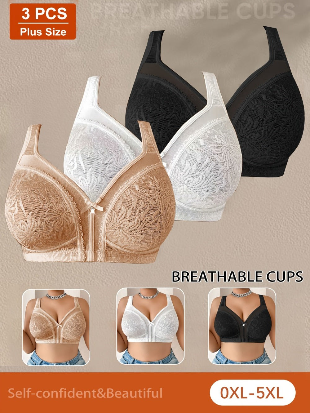 Women’s Plus Size 3-Pack Wireless Bra - Lace Detail Comfort
