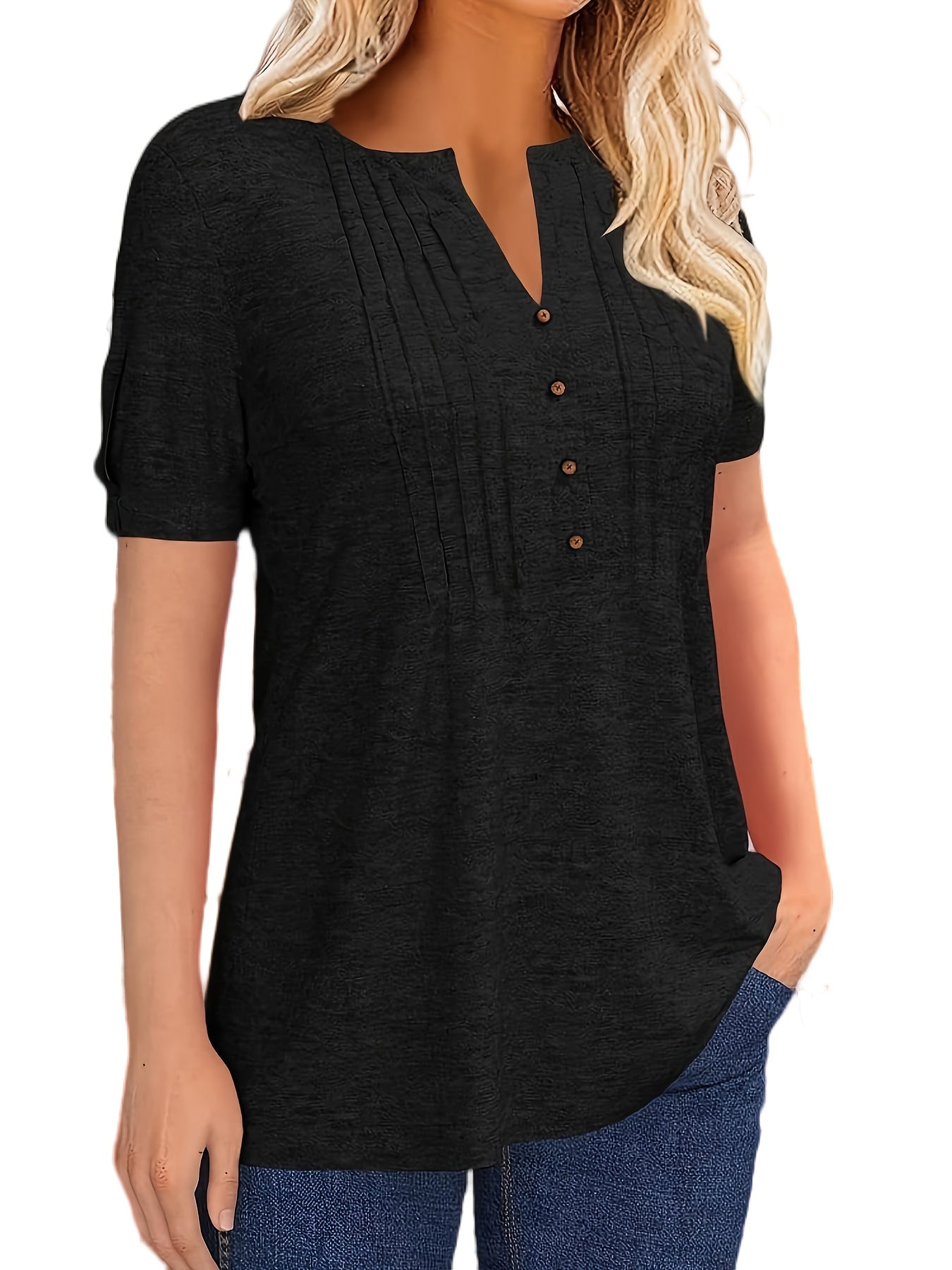Casual Short-Sleeve T-Shirt for Women, Featuring a Pleated Design And V-Neck in Solid Colors, Perfect for Summer