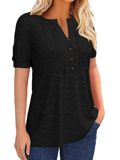 Casual Short-Sleeve T-Shirt for Women, Featuring a Pleated Design And V-Neck in Solid Colors, Perfect for Summer