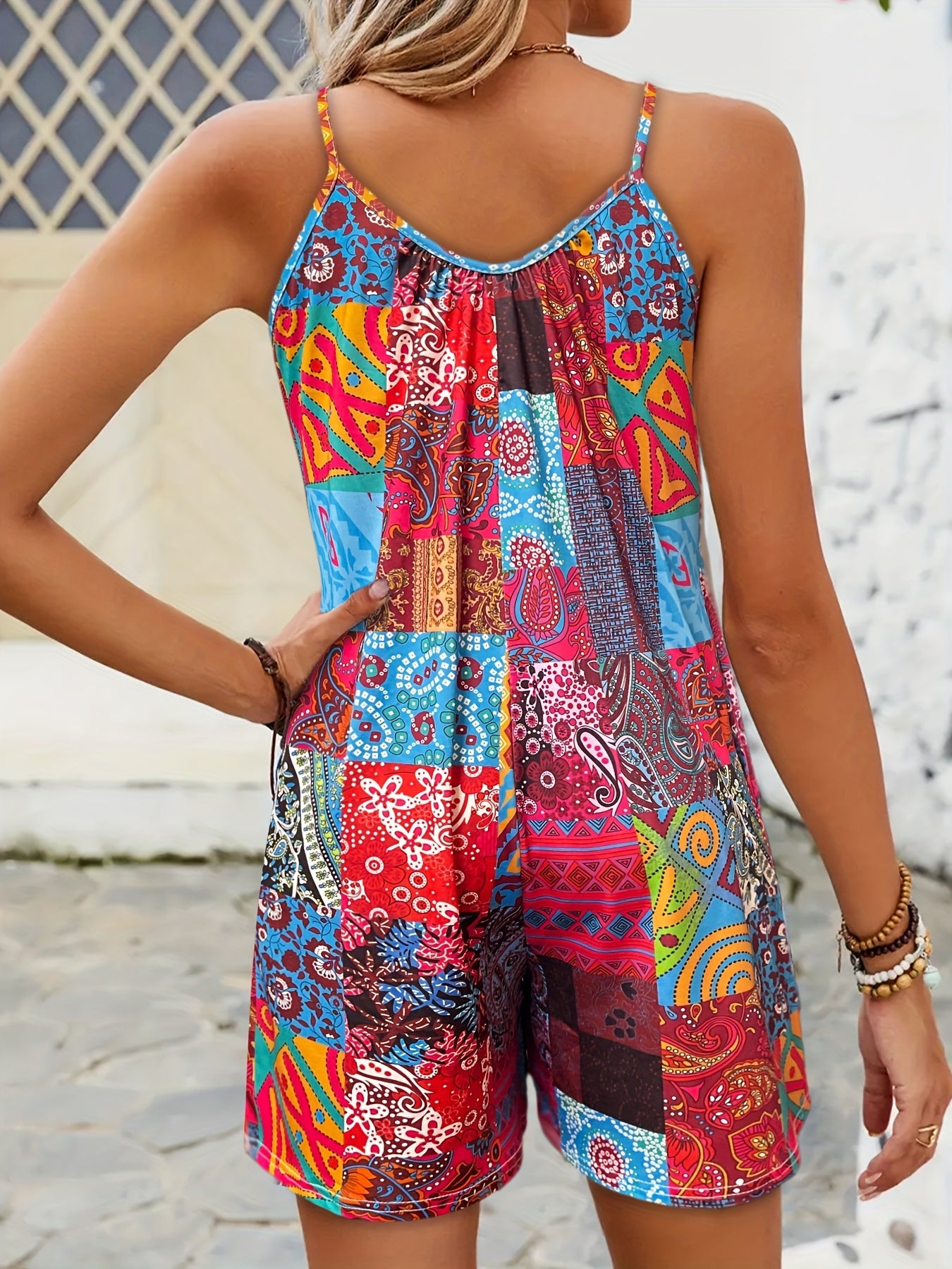 Women'S Patchwork Romper | Vibrant Paisley Pattern | Off-Shoulder, Sleeveless with Side Pockets | Polyester & Elastane Blend | Machine Washable | Ideal for Spring/Summer Casual Wear