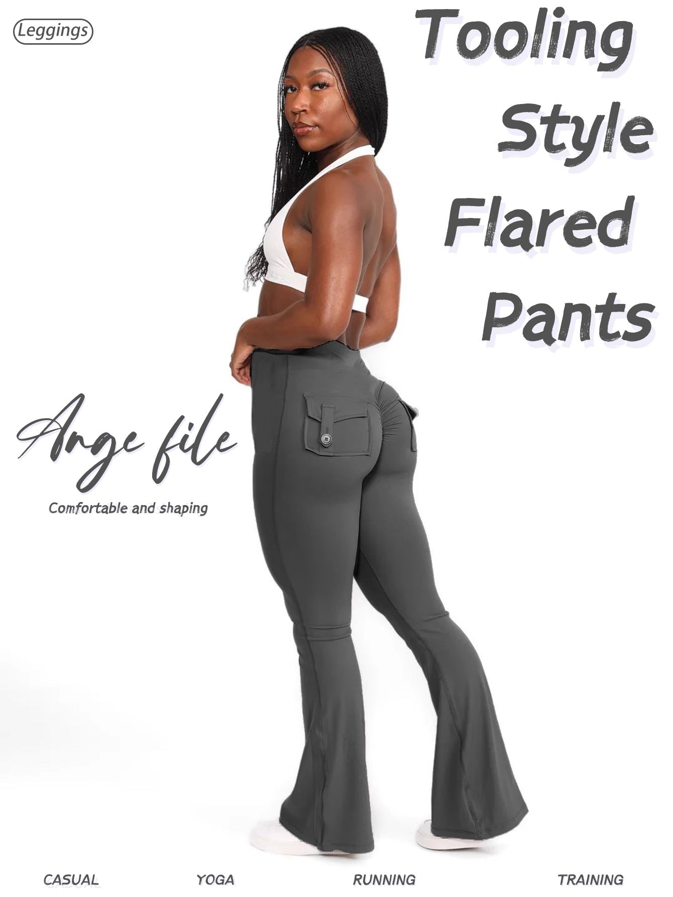 FOEIERAA 1pc Fashion Workwear Style Flare Pants, Women's Casual Flare Pants, High-Waist Pocket Joggers, Workwear Style Peach Butt Yoga Pants, Quick-Dry Tummy Control Butt Lifting Sexy Long Pants, Flare Leggings