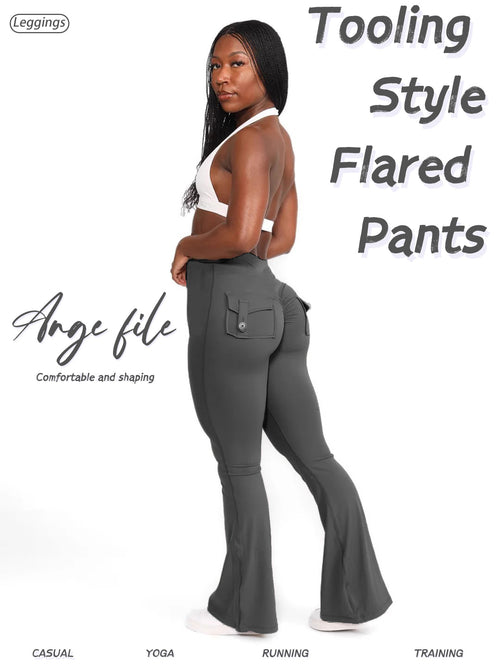 FOEIERAA 1pc Fashion Workwear Style Flare Pants, Women's Casual Flare Pants, High-Waist Pocket Joggers, Workwear Style Peach Butt Yoga Pants, Quick-Dry Tummy Control Butt Lifting Sexy Long Pants, Flare Leggings