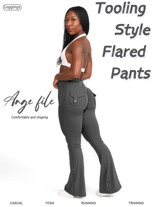 FOEIERAA 1pc Fashion Workwear Style Flare Pants, Women's Casual Flare Pants, High-Waist Pocket Joggers, Workwear Style Peach Butt Yoga Pants, Quick-Dry Tummy Control Butt Lifting Sexy Long Pants, Flare Leggings