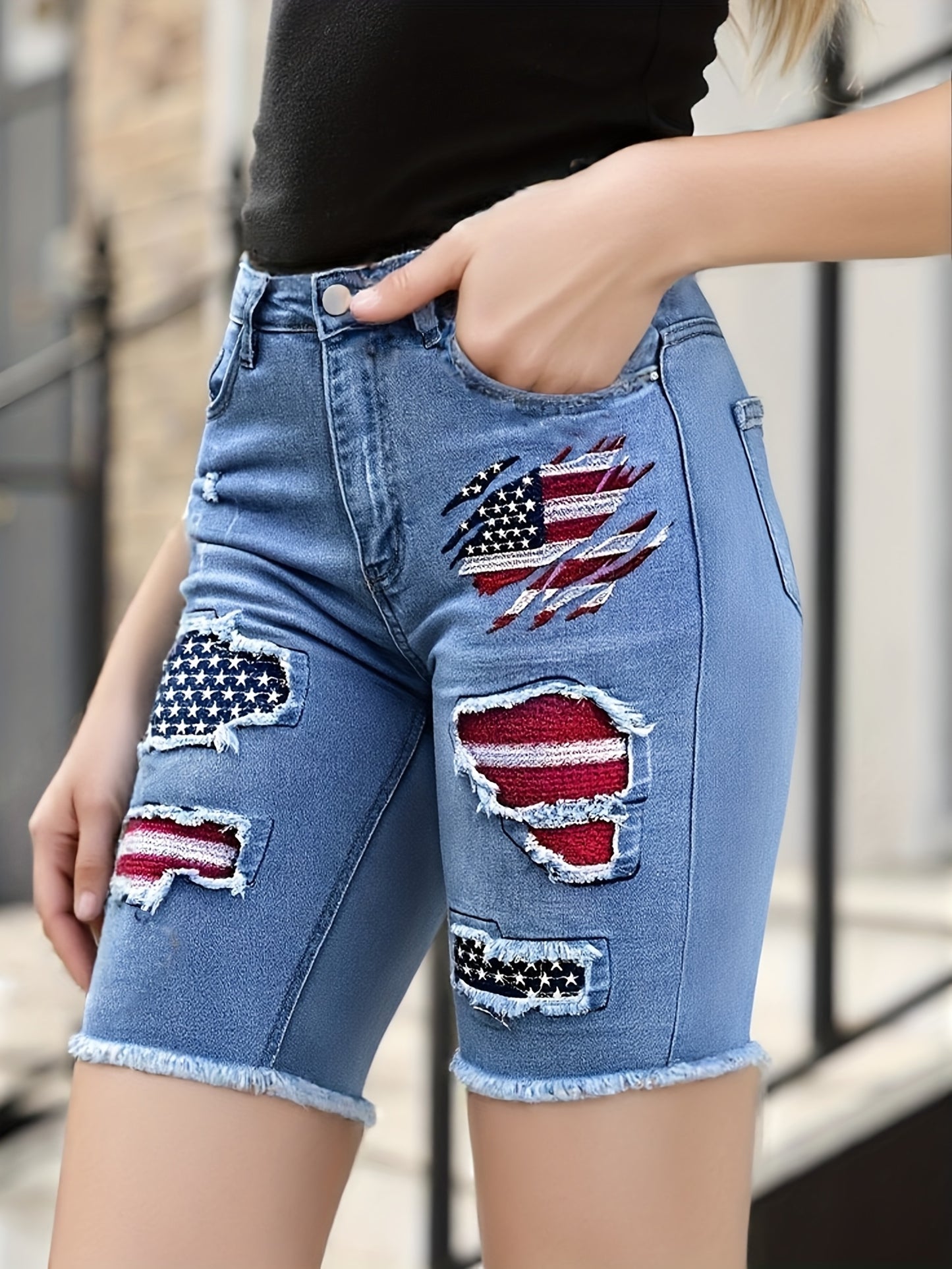 Women'S Jeans Embroidered With The American Flag, Tight Fitting Ripped Elastic Bermuda Summer Shorts, Essential Clothing For Comfortable Spring And Summer Outfits