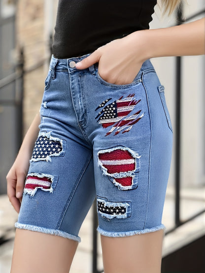 Women'S Jeans Embroidered With The American Flag, Tight Fitting Ripped Elastic Bermuda Summer Shorts, Essential Clothing For Comfortable Spring And Summer Outfits
