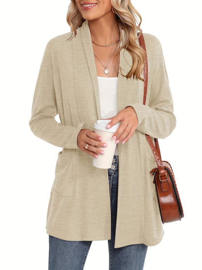 Spring And Autumn Women'S New Casual Solid Color Open Placket Double Pocket Design Simple Cardigan Jacket Comfortable Loose Long Sleeve Cardigan