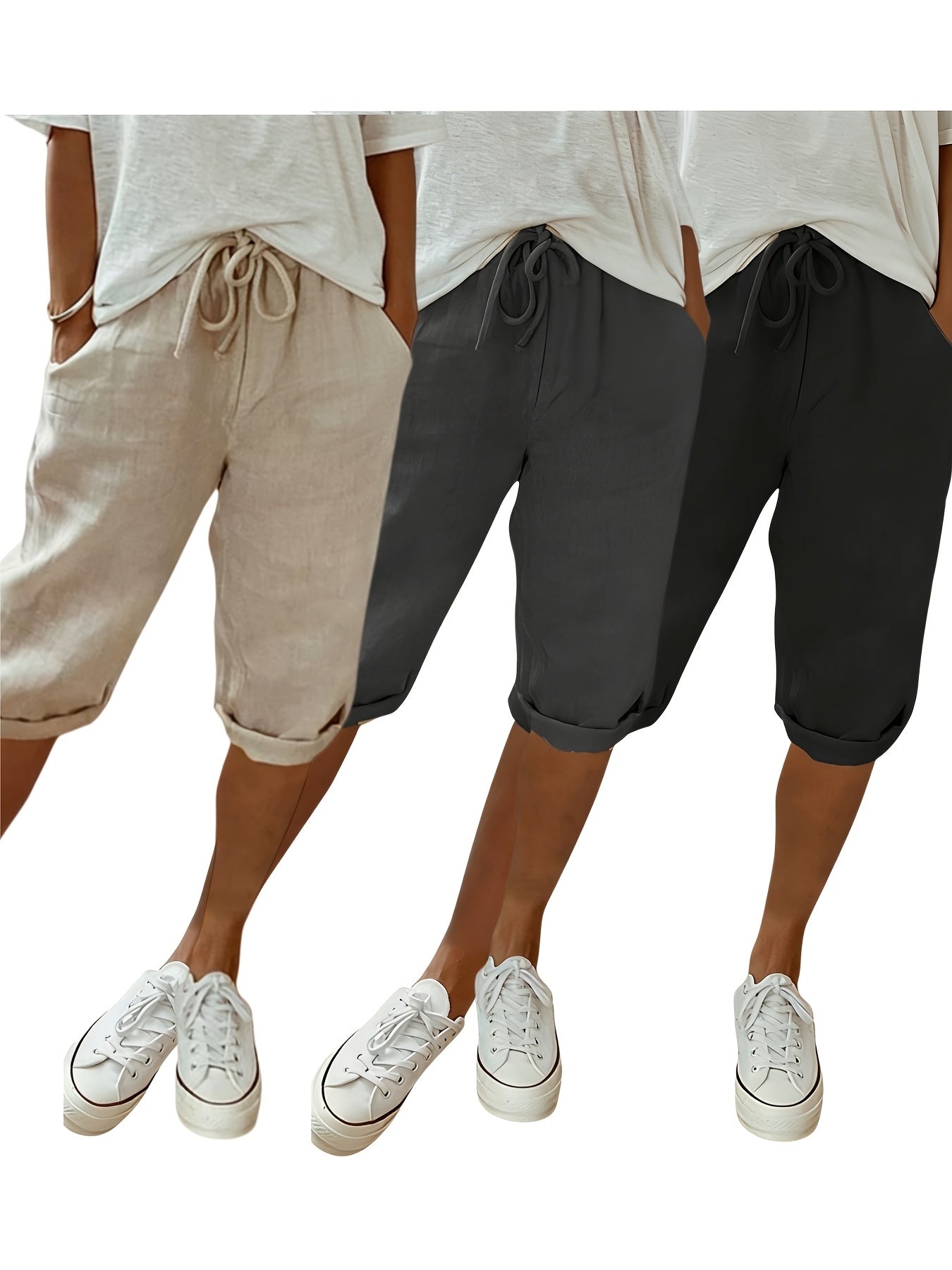Three-Piece Contract for Summer Laziness! Boyfriend Wind Capri Pants Set, Refreshing And, Drawstring Waist + Curled Trousers + Pockets, from Home to Beach, a Set Unlocks a Casual Holiday Feeling.
