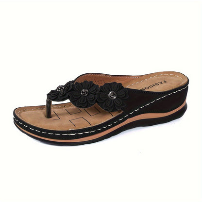 Women'S Wedge Sandals Adorned with Flowers, Casual Flip Flops with a Thick Sole, Comfortable Summer Footwear., Women Shoes
