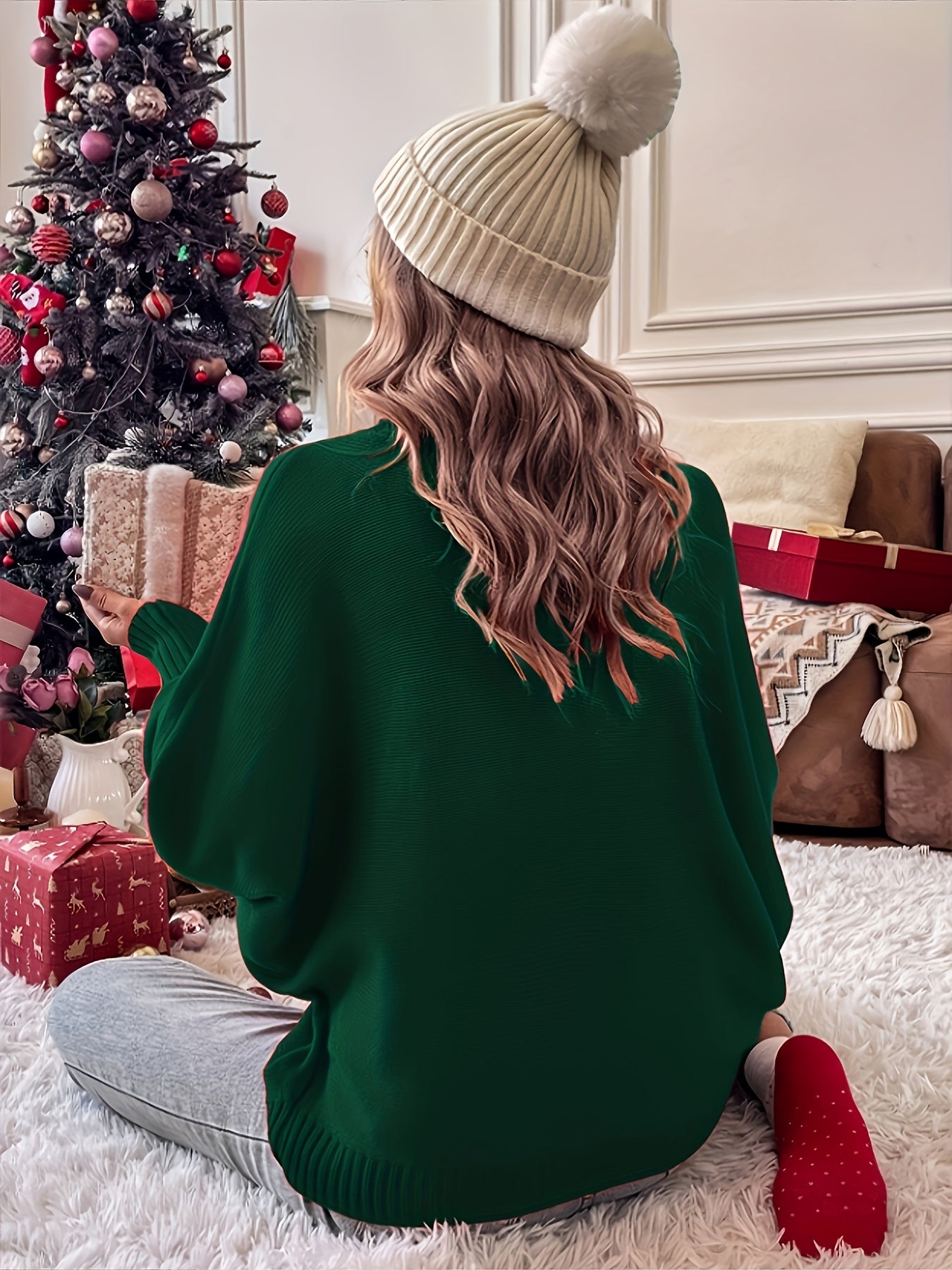 Women's Merry Christmas Letter Sweater - Batwing Sleeves & High Collar Winter Top, Loose Fit Sweaters for Xmas Parties, Casual Weather Wear (Hand Washable) - Solid Color Cozy Blouse