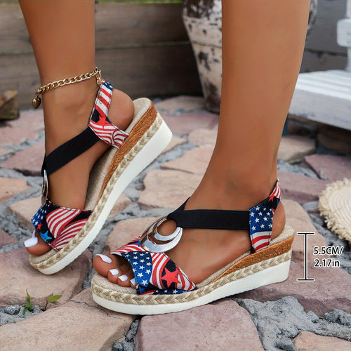 Women's Patriotic Independence Day Wedge Sandals- American Flag Design, Open Toe, Slip-On Summer Shoes with EVA/PU Cover Sole, Chunky Heel Sandals, Women Shoes