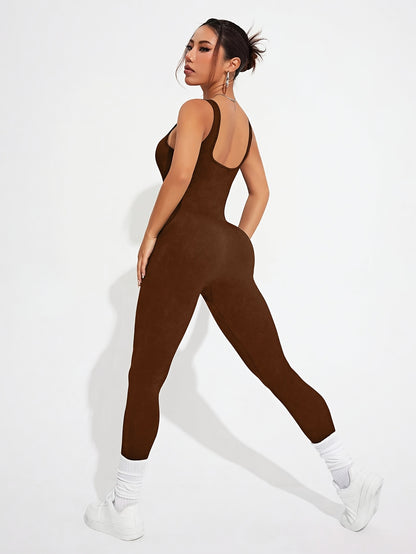 2pcs - Women'S Autumn And Winter Sleeveless Square Collar Long Jumpsuit, 90% Nylon And 10% Elastic Fiber Fabric Comfortable, Thick, Impermeable Washable And Reusable, Suitable For Any Activity Occasion, Exercise, Fitness, Pilates, Running, Yoga