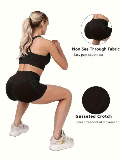 Set of 3 High-Waisted Sports Shorts for Women, Ideal for Yoga, Fitness, And Running, Featuring Pockets
