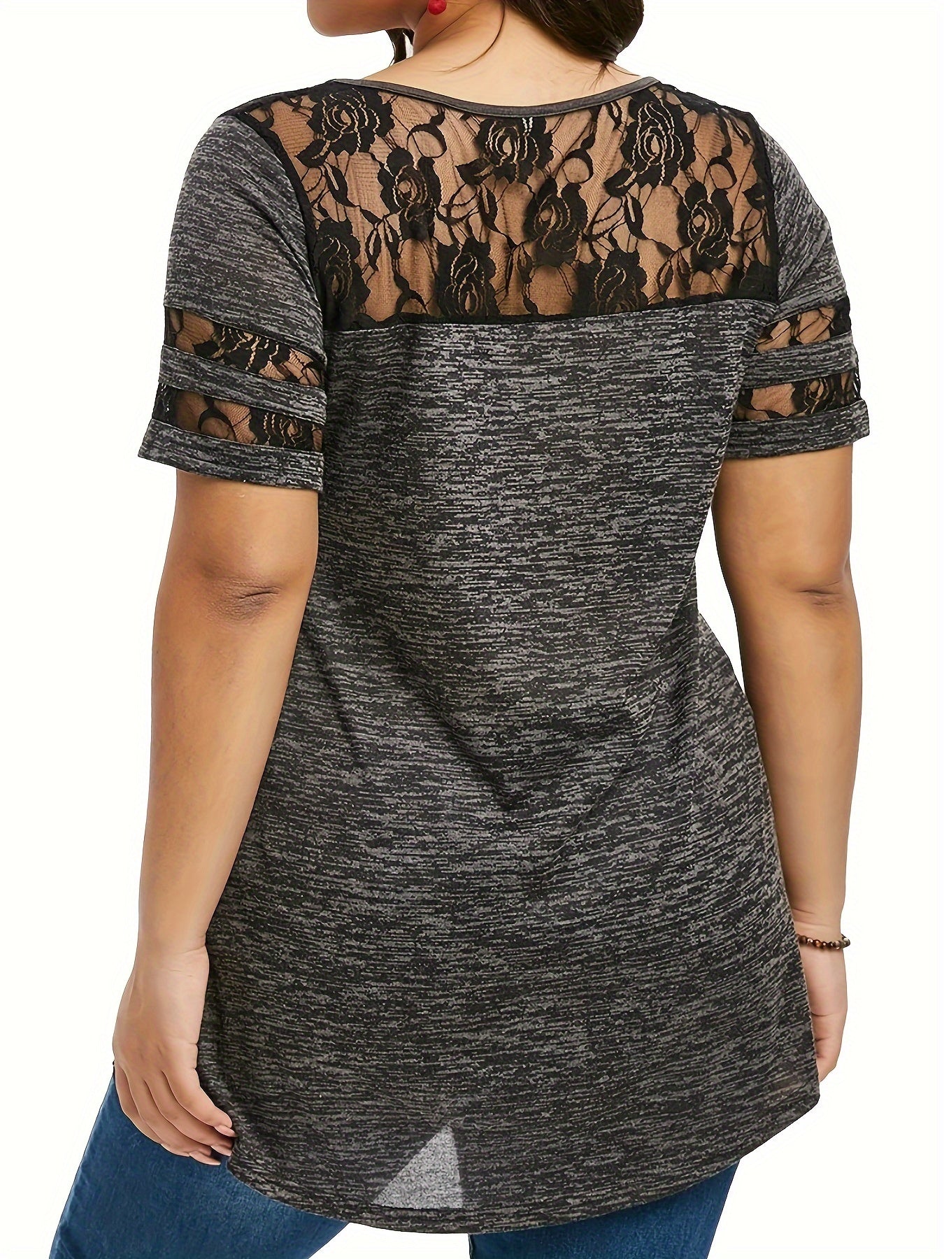 Plus Size - Plus Size - Women'S Plus Size Lace Trim Blouse Tops, Flattering V-Neck Tunic Shirt, Casual Dressy Elegant Tops, Flowy Tunic Top with Lace Sleeves, Comfort Stretch Blouse for Women, Loose Fit Shirt, Sizes XL-5X