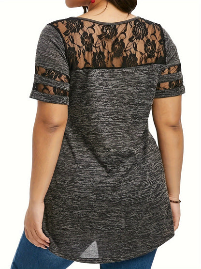 Plus Size - Plus Size - Women'S Plus Size Lace Trim Blouse Tops, Flattering V-Neck Tunic Shirt, Casual Dressy Elegant Tops, Flowy Tunic Top with Lace Sleeves, Comfort Stretch Blouse for Women, Loose Fit Shirt, Sizes XL-5X