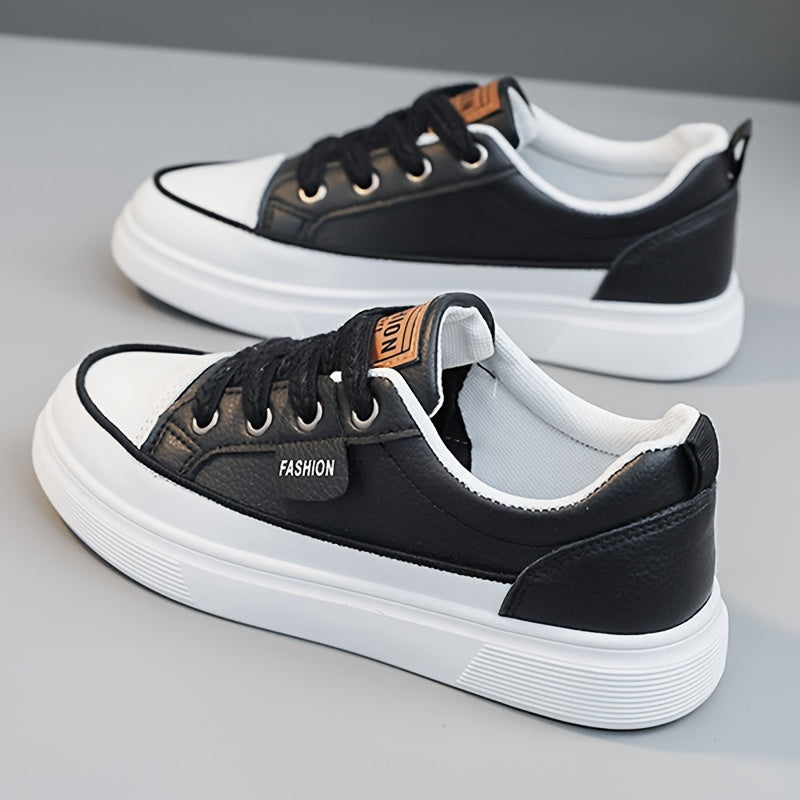 [Sneakers] Women'S Sports, Outdoor Trends, Fashion, Leisure, Thick Soled Lace-Up Low Top Shoes, Comfortable And Versatile for All Seasons, Board Shoes with faux leather Surface, College Style Women'S Shoes Suitable for Walking, Lightweight Shoes