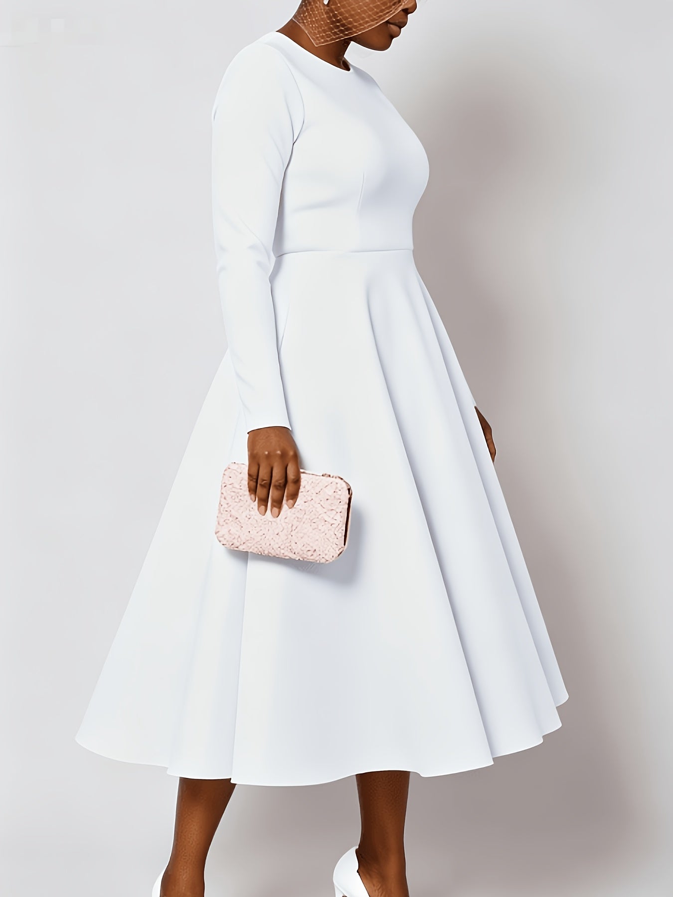 Plus Size - Plus Size Women'S Solid Color Round Neck Long Sleeve Back Pleated Flared Dress Autumn And Winter Elegant Long Dress