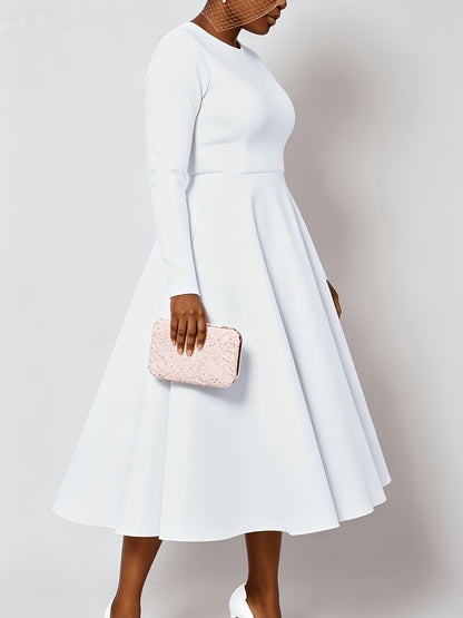 Plus Size - Plus Size Women'S Solid Color Round Neck Long Sleeve Back Pleated Flared Dress Autumn And Winter Elegant Long Dress