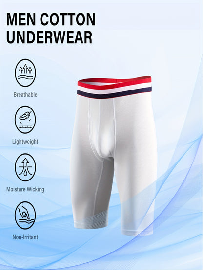 4pcs Men's Long Leg Cotton Underwear Total Support Pouch Boxer Briefs with Open Fly Pouch, Men's Cycling Sports Wear Bottoms, Moisture Wicking & Breathable Slimming Shapewear Body Shape for Men