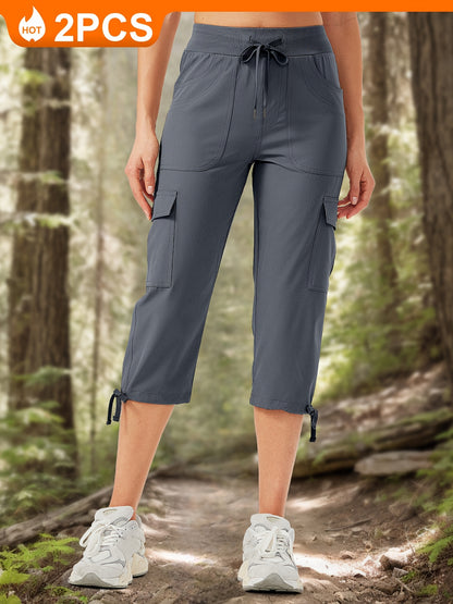 2pcs Women'S Cargo Capris Hiking Pants 50+ Quick Dry Outdoor Athletic Travel Lightweight Casual Loose Comfy Cute Pockets