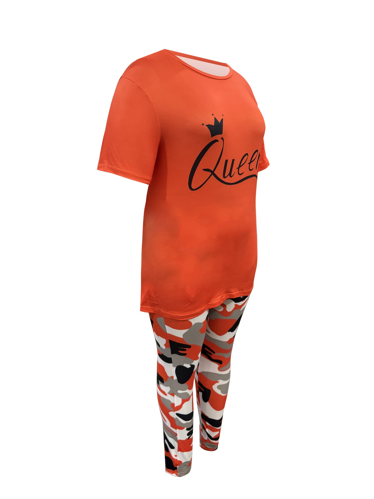 Plus Size - LADIES' Plus Size Daily Fashion Casual Set: Letter Print Crew Neck Short Sleeve T-shirt + Camouflage Long Pants With Pockets
