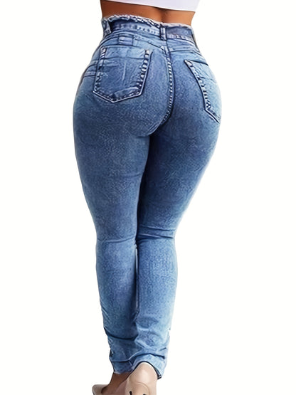 Women'S Mid-rise Fashionable Casual Jeans | Blue Skinny Jeans with Butt-lifting Stretch, Lace-up Detail, Suitable for All Seasons, Perfect for Home, Office, and Outdoor Activities