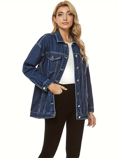Women'S Oversized Mid-Length Denim Motorcycle Jacket