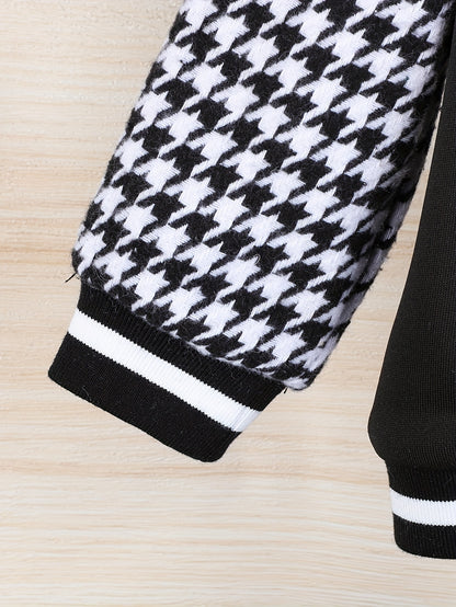 Toddler Boy's 2pcs Set, Crown Letter K Design Houndstooth Long Sleeve Jacket & Letter K Pants, Casual Comfy Set for Outdoor Activities And Daily Wear for Fall/Winter, Perfect for Outdoor